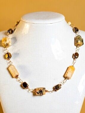 Genuine Honey Jade & Yellow Opal  In Rosary Style  Chunky Gold Plated Necklace​